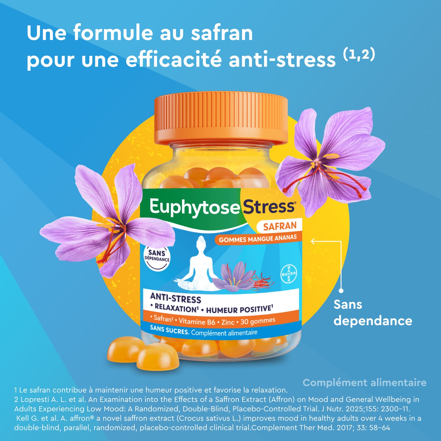 Flacon d’Euphytose Stress Safran, 30 gommes mangue-ananas, avec des gommes orange, un ananas, une mangue et du safran sur fond bleu. Texte : « 1 gomme matin et soir ».