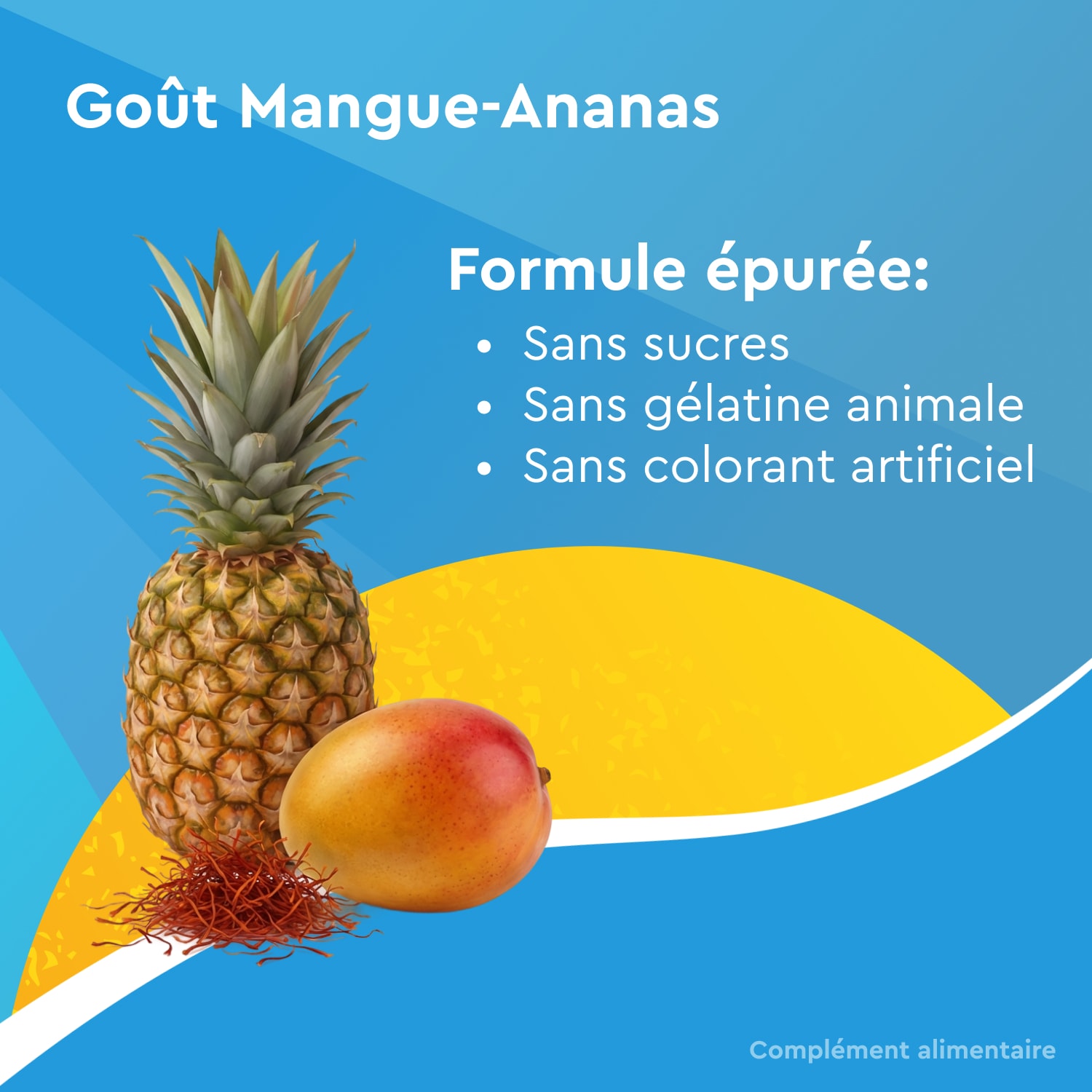 Visuel EuphytoseStress Safran sur fond bleu, présentant le goût mangue-ananas avec un ananas, une mangue et du safran. Le visuel met en avant une formule épurée : sans sucres, sans gélatine animale et sans colorant artificiel.