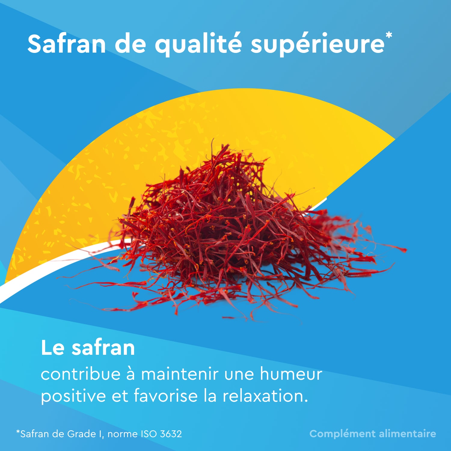 Visuel EuphytoseStress Safran sur fond bleu, présentant des filaments de safran devant un cercle jaune. Le visuel met en avant un safran de qualité supérieure et indique que le safran contribue à maintenir une humeur positive et favorise la relaxation.