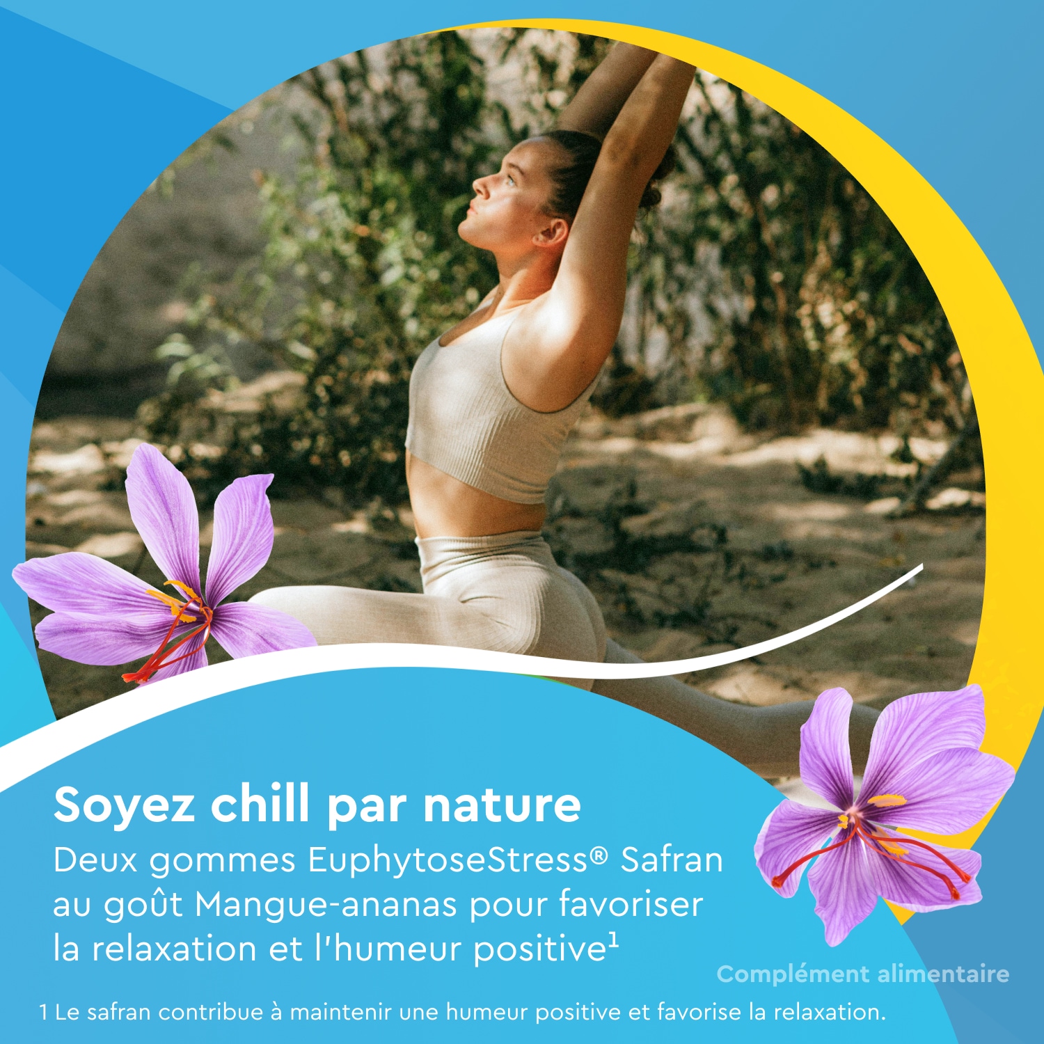 Visuel promotionnel EuphytoseStress Safran sur fond bleu, montrant une personne en posture de yoga dans un décor naturel, avec des fleurs de safran violettes. Texte : « Soyez chill par nature » et « Deux gommes EuphytoseStress Safran au goût mangue-ananas pour favoriser la relaxation et l’humeur positive ».