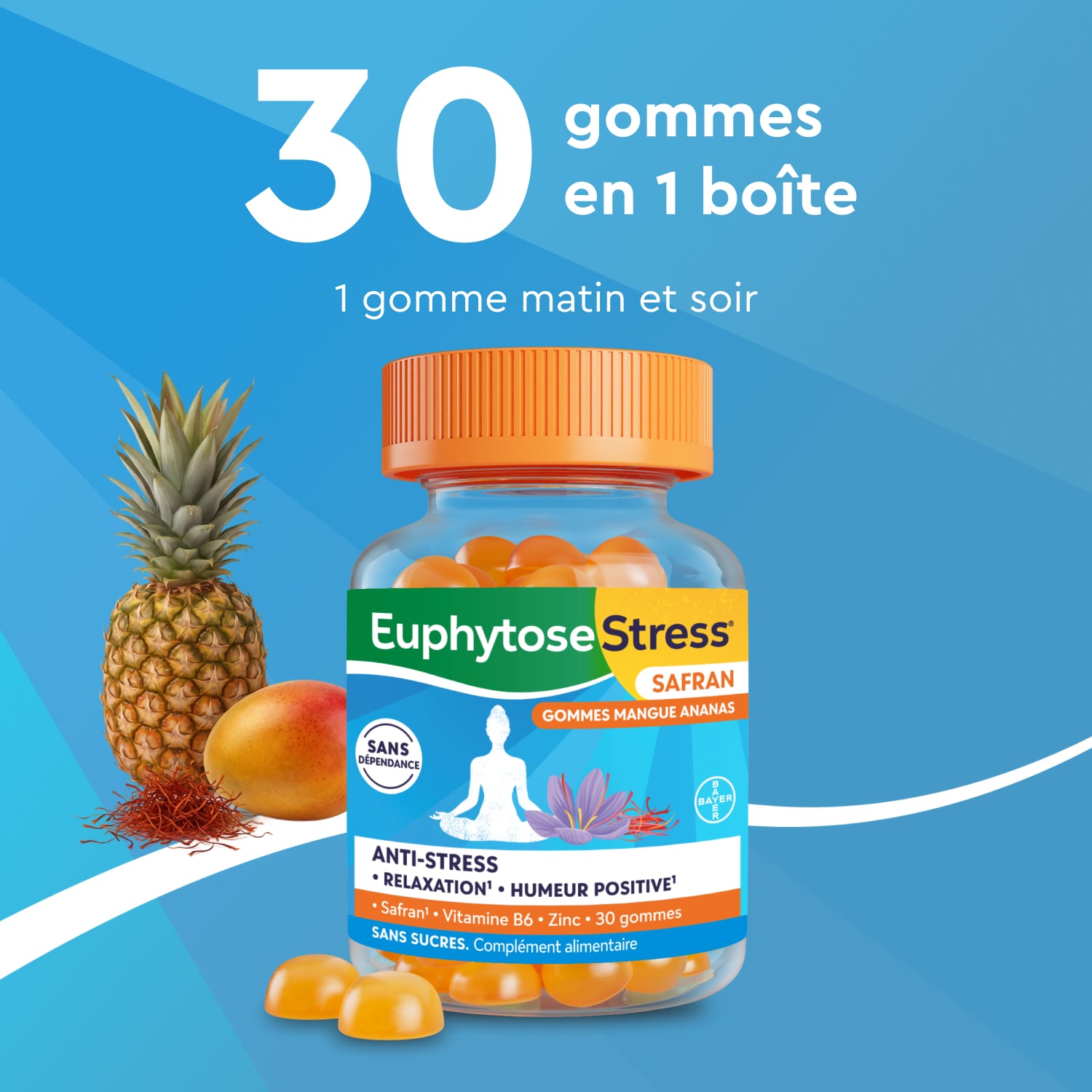 Visuel EuphytoseStress Safran sur fond bleu, montrant une personne en posture de yoga dans un décor naturel, avec des fleurs de safran violettes. Le texte indique : « Soyez chill par nature » et présente deux gommes au goût mangue-ananas pour favoriser la relaxation et l’humeur positive.