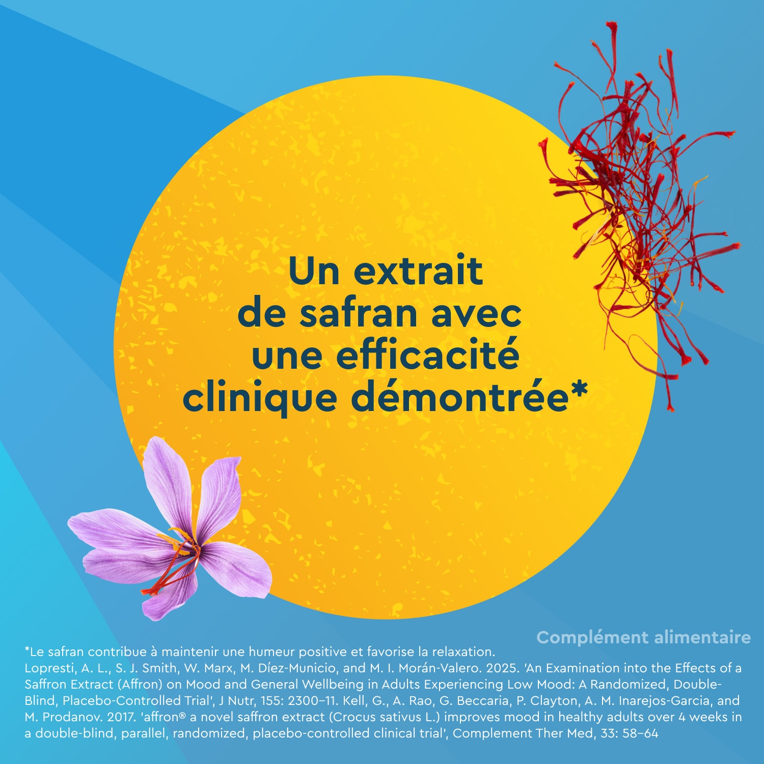 Visuel EuphytoseStress Safran sur fond bleu, avec un grand cercle jaune, des filaments de safran et une fleur de safran violette. Le texte indique : « Un extrait de safran avec une efficacité clinique démontrée ».
